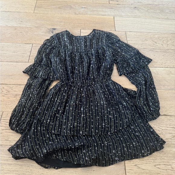 Tularosa Black Gold Metallic Pinstripe Tiered Ruffle Mini Dress XS Boho (598) - Picture 6 of 12